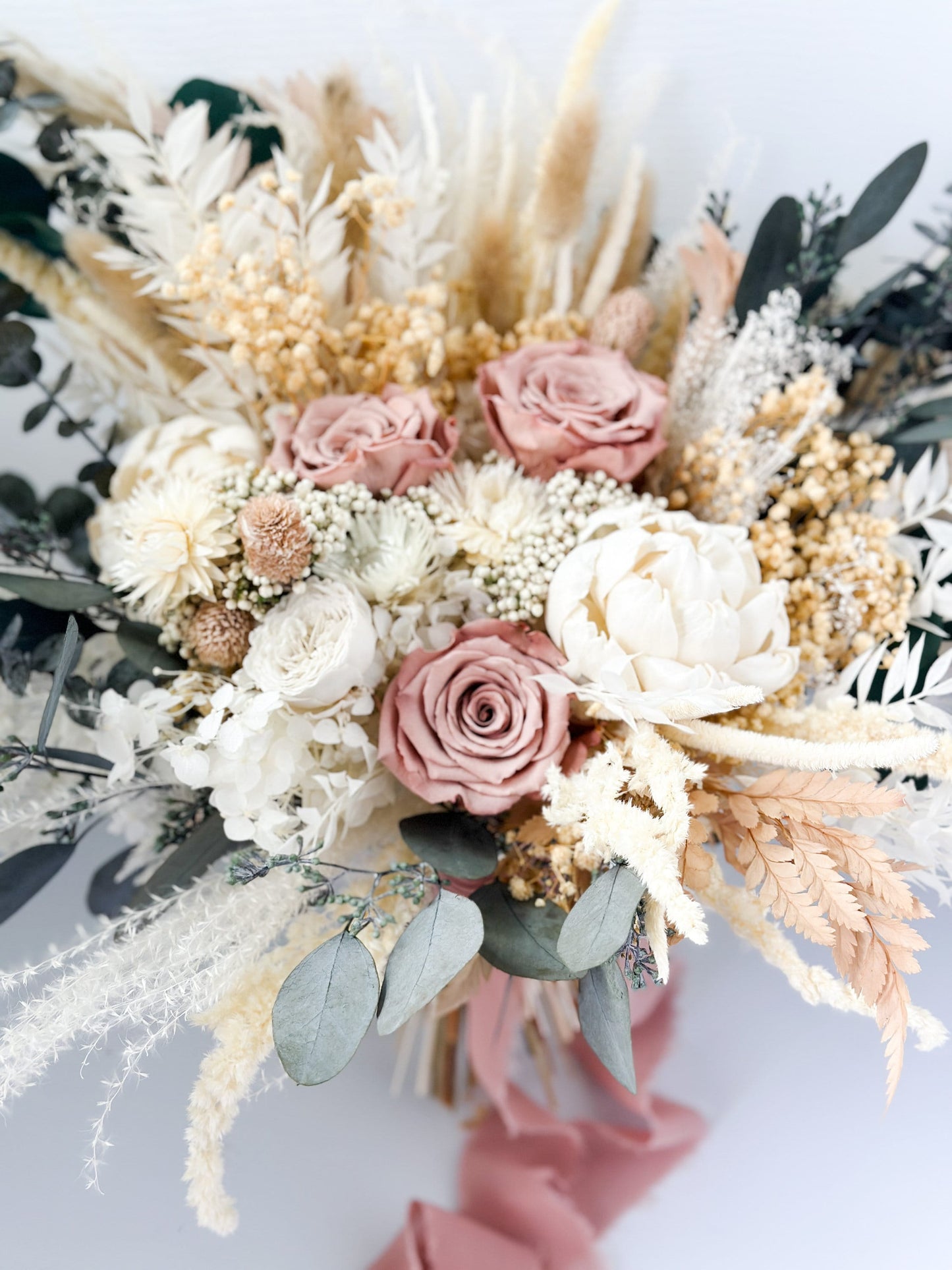 Dusty Rose + Peony Eucalyptus Pampas Grass Bouquet/ Bride and Bridesmaids/ Dried Flower Bouquet/ Wedding Flowers