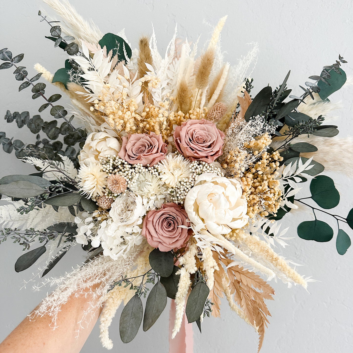 Dusty Rose + Peony Eucalyptus Pampas Grass Bouquet/ Bride and Bridesmaids/ Dried Flower Bouquet/ Wedding Flowers