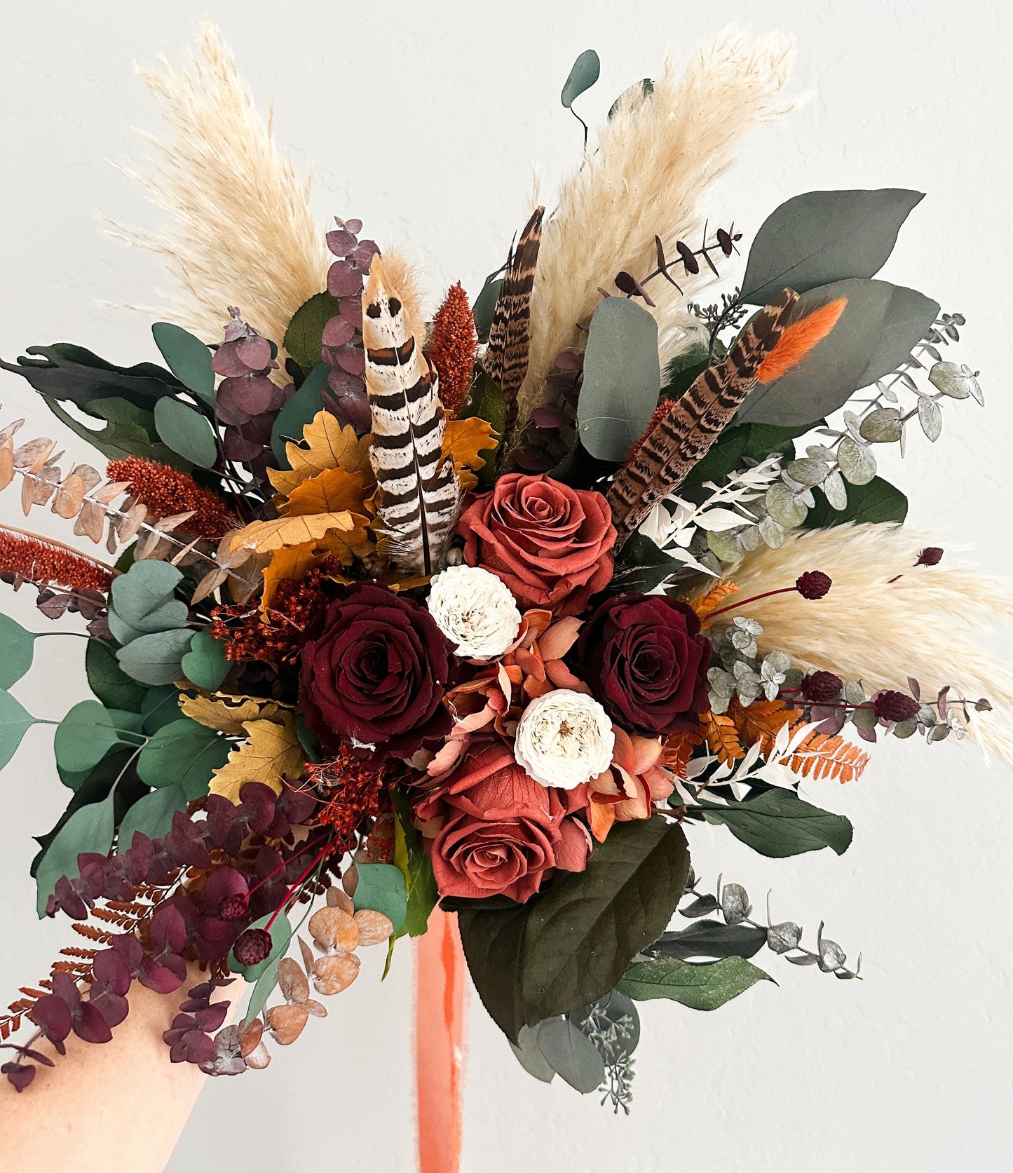 Burgundy + Terracotta Pheasant Feather Dried Flower Bouquet/ Bride and Bridesmaids/ Dried Flower Bouquet/ Wedding Flowers
