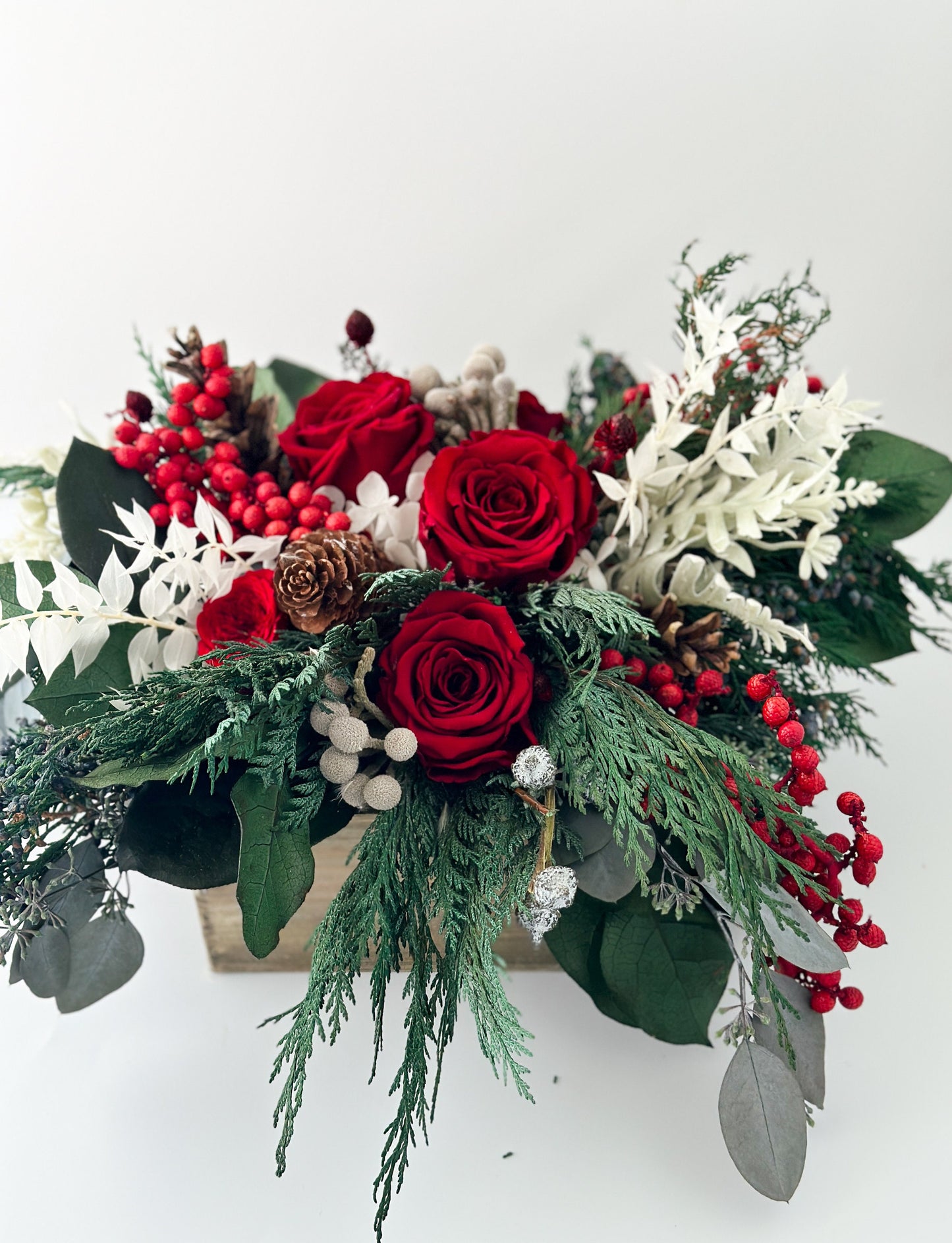 Everlasting Cedar, Juniper + Red Rose Holiday Centerpiece