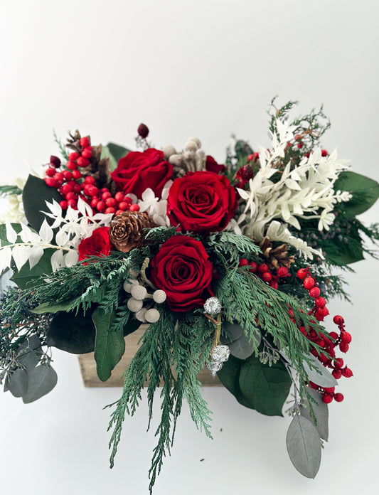 Everlasting Cedar, Juniper + Red Rose Holiday Centerpiece