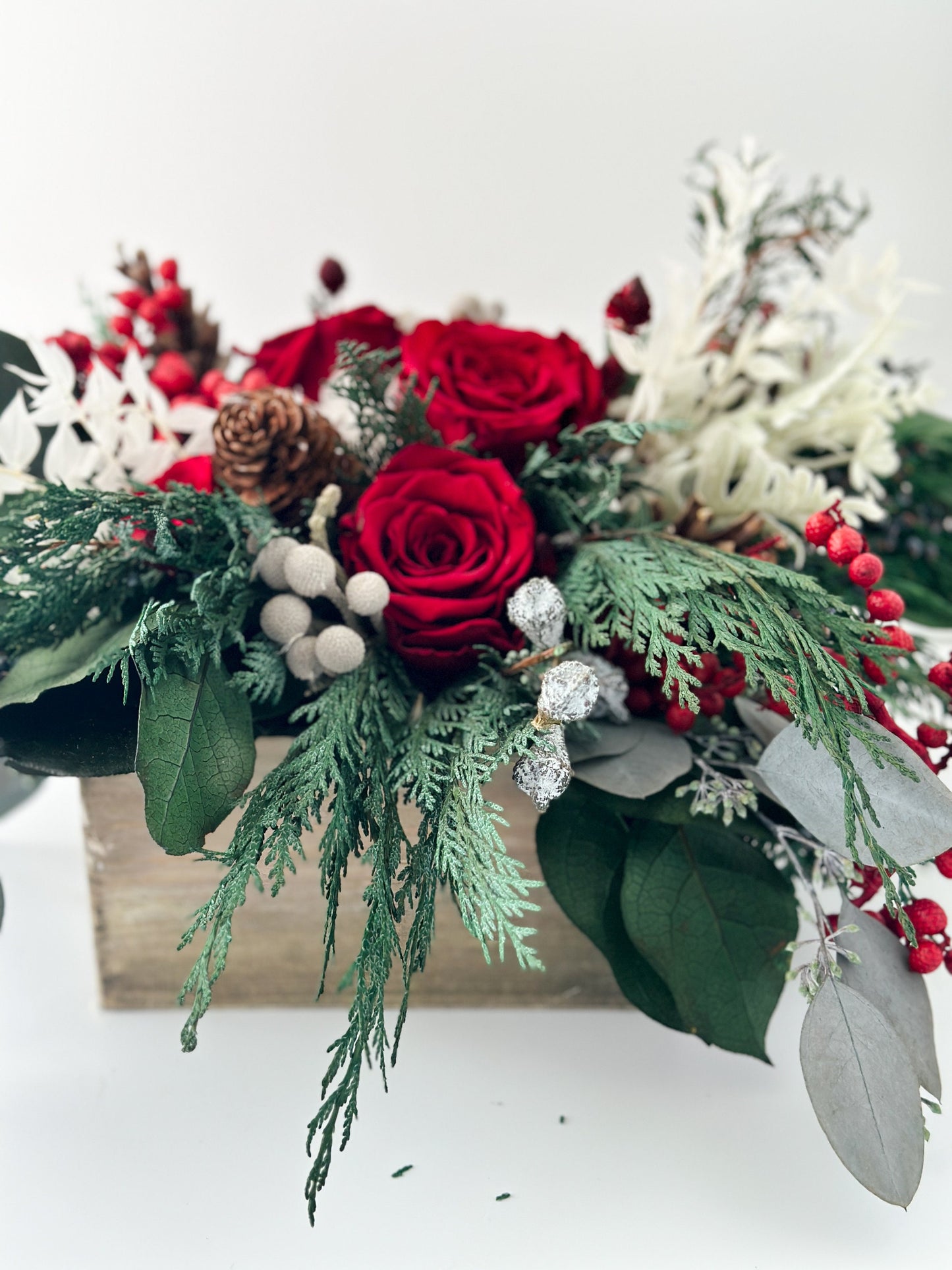 Everlasting Cedar, Juniper + Red Rose Holiday Centerpiece