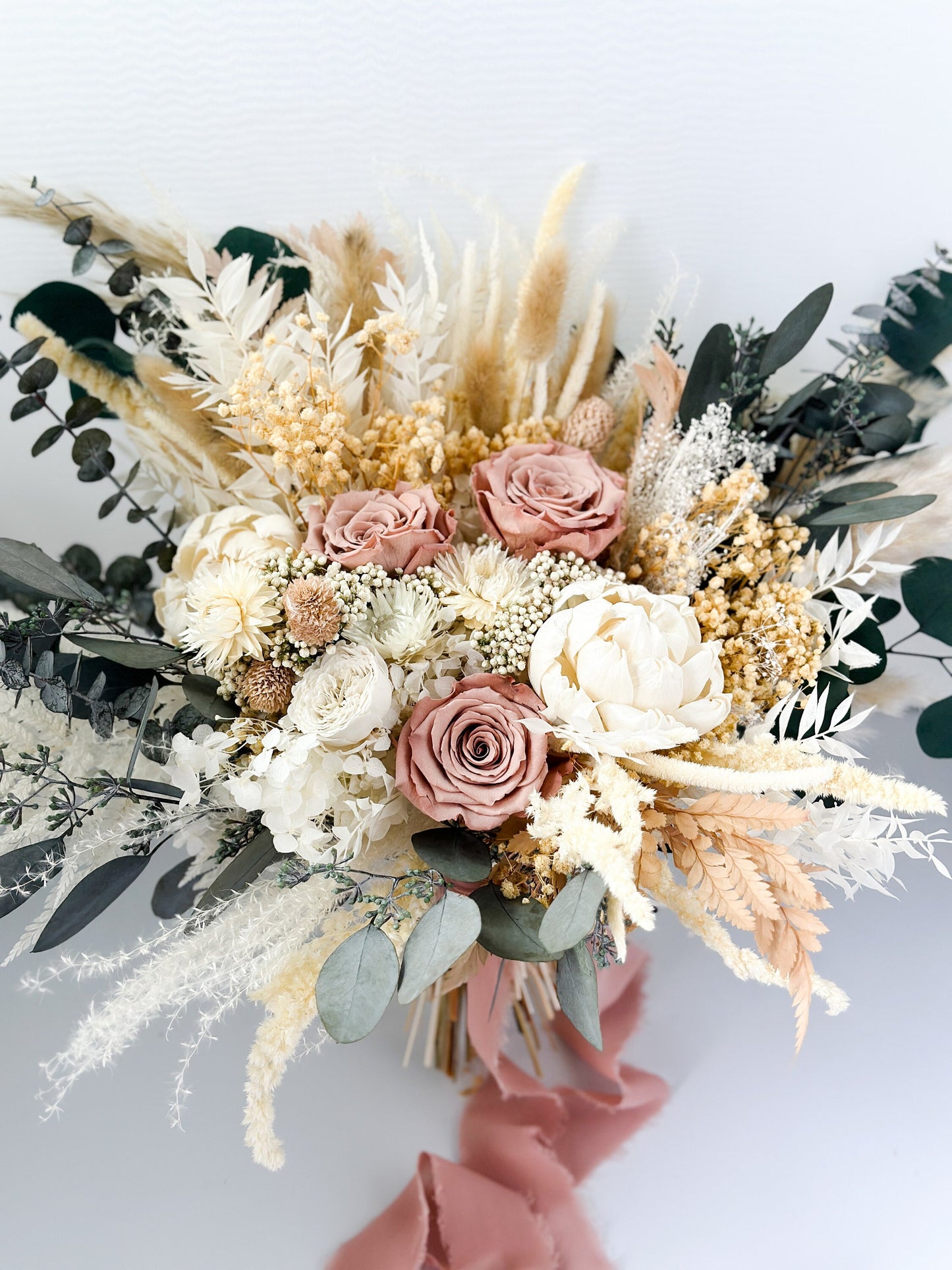 Dusty Rose + Peony Eucalyptus Pampas Grass Bouquet/ Bride and Bridesmaids/ Dried Flower Bouquet/ Wedding Flowers