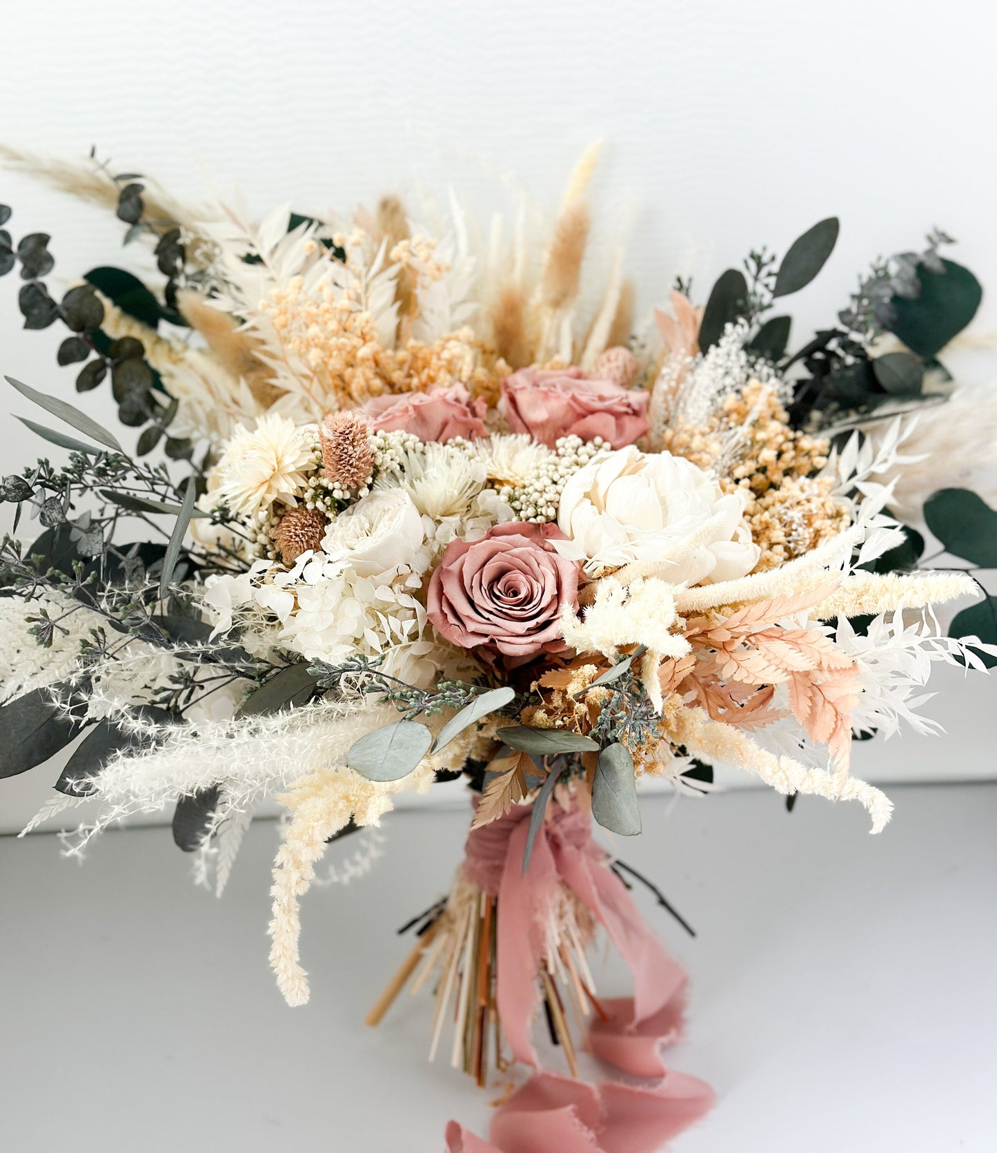 Dusty Rose + Peony Eucalyptus Pampas Grass Bouquet/ Bride and Bridesmaids/ Dried Flower Bouquet/ Wedding Flowers