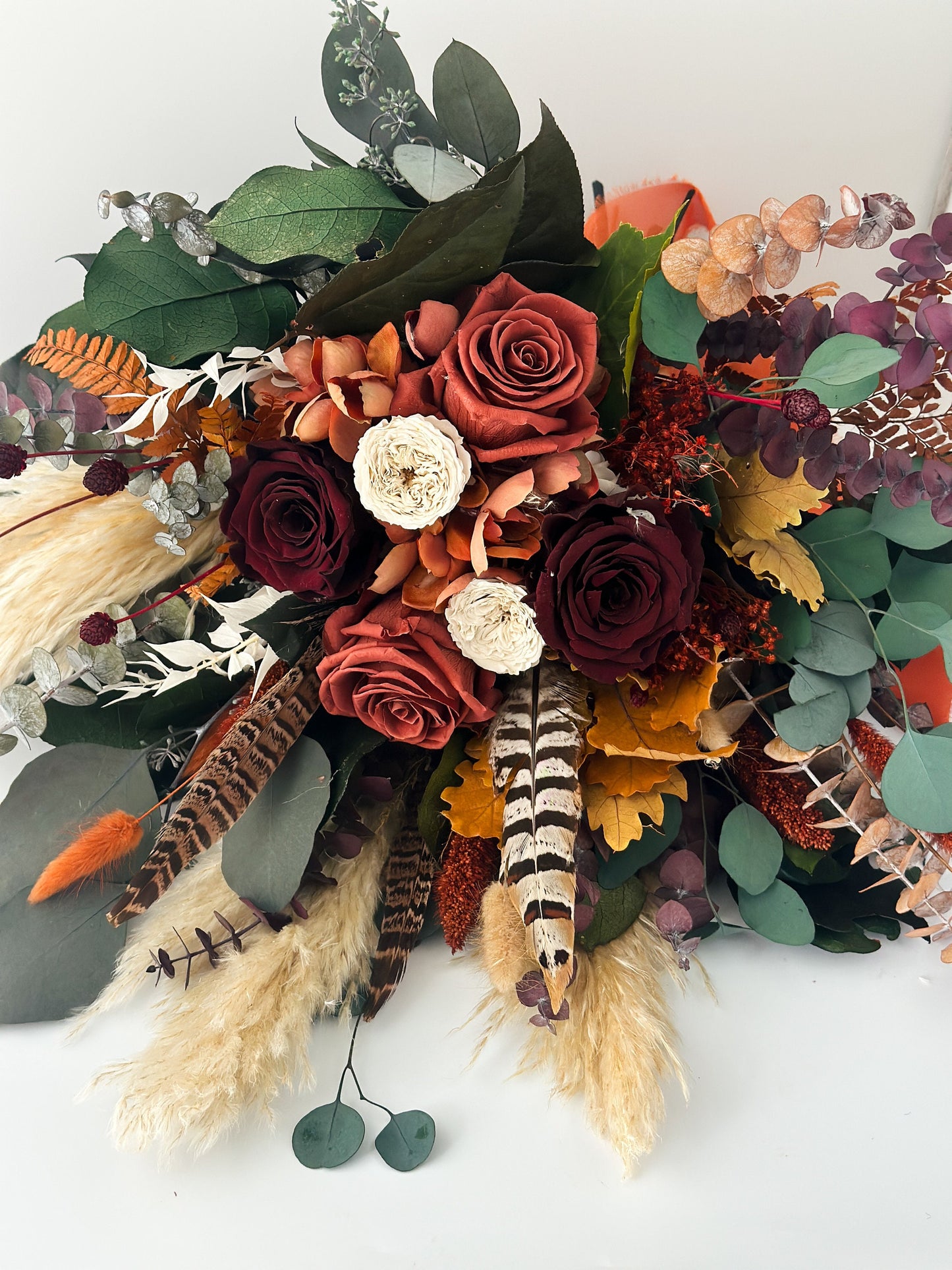 Burgundy + Terracotta Pheasant Feather Dried Flower Bouquet/ Bride and Bridesmaids/ Dried Flower Bouquet/ Wedding Flowers