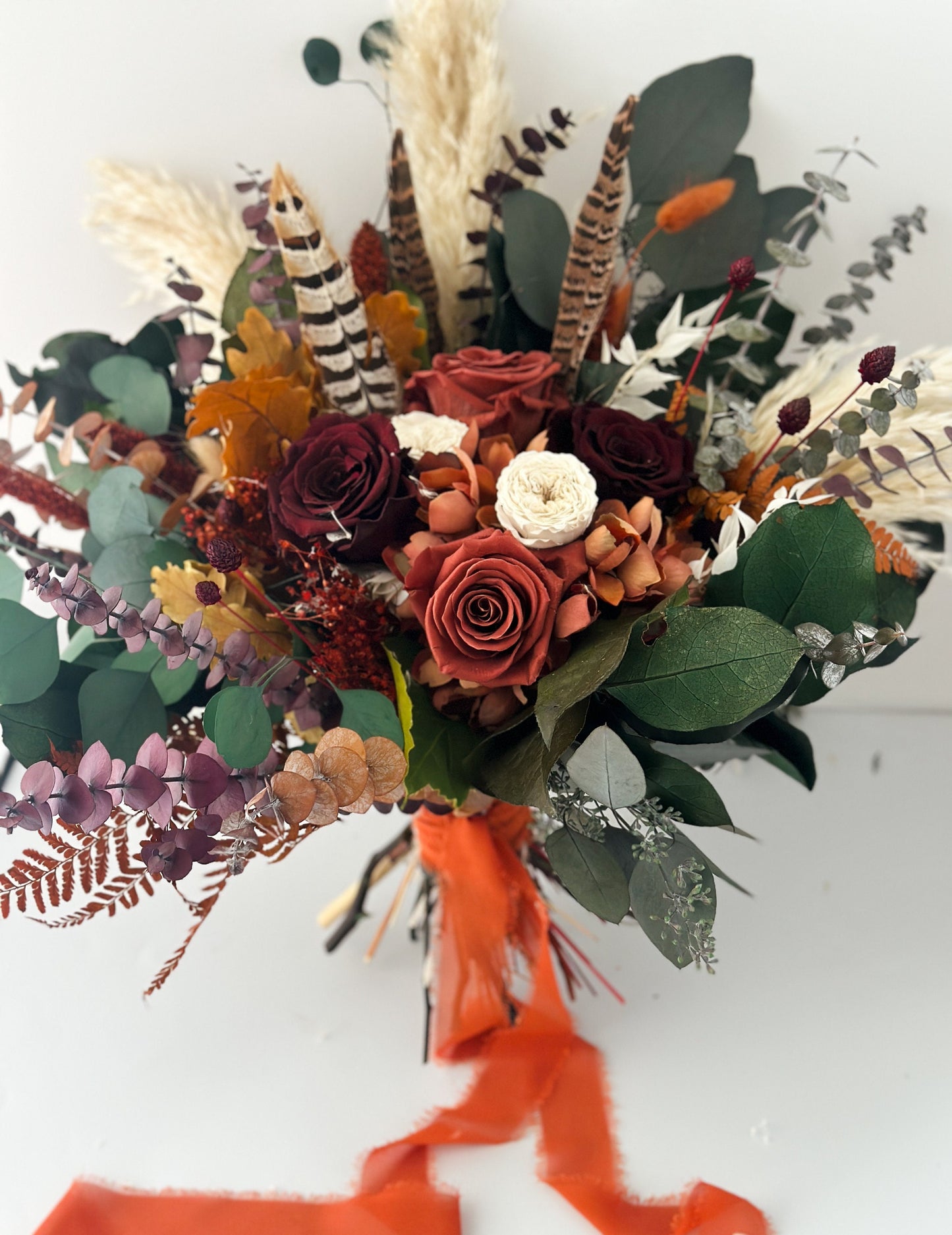 Burgundy + Terracotta Pheasant Feather Dried Flower Bouquet/ Bride and Bridesmaids/ Dried Flower Bouquet/ Wedding Flowers