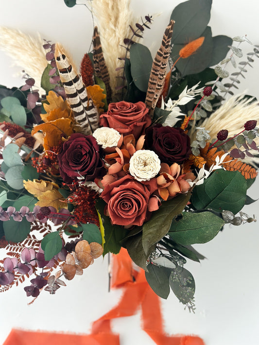 Burgundy + Terracotta Pheasant Feather Dried Flower Bouquet/ Bride and Bridesmaids/ Dried Flower Bouquet/ Wedding Flowers
