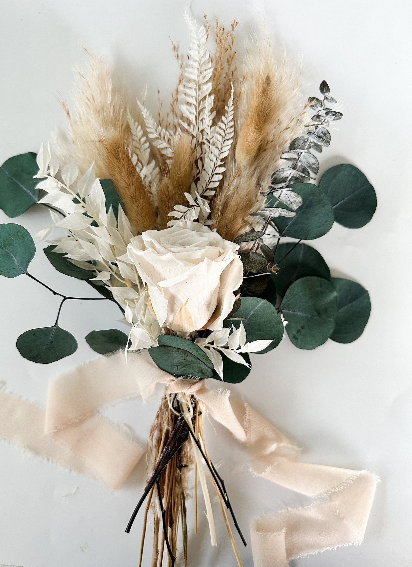 Mini White Rose, Eucalyptus + Pampas Grass Bouquet, Wedding Flowers, Home decor, Dried Flowers