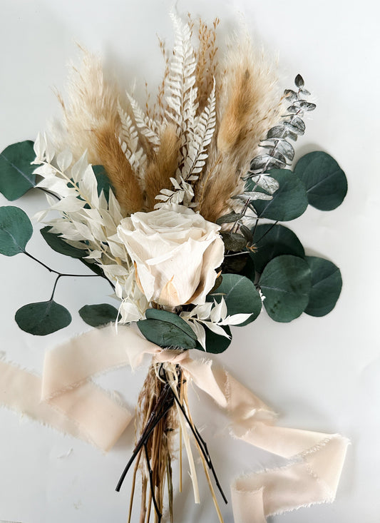 Mini White Rose, Eucalyptus + Pampas Grass Bouquet, Wedding Flowers, Home decor, Dried Flowers