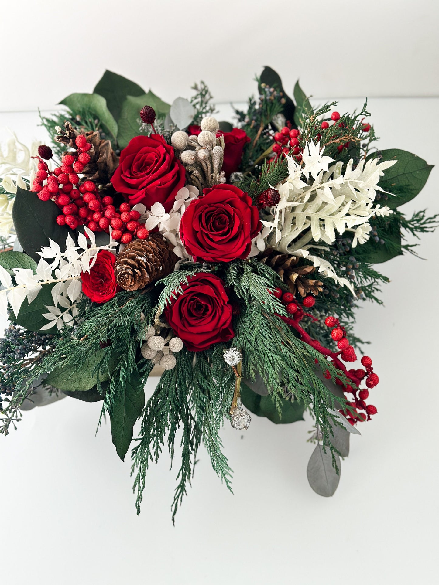 Everlasting Cedar, Juniper + Red Rose Holiday Centerpiece