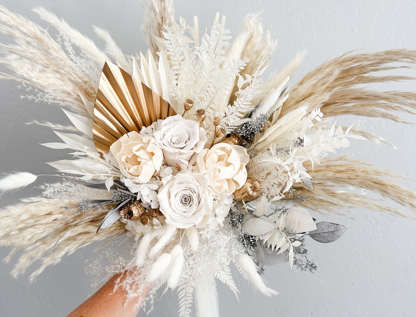Holiday White, Gold + Silver Dried Floral Bouquet/ Bride and Bridesmaids/ Dried Flower Bouquet/ Wedding Flowers