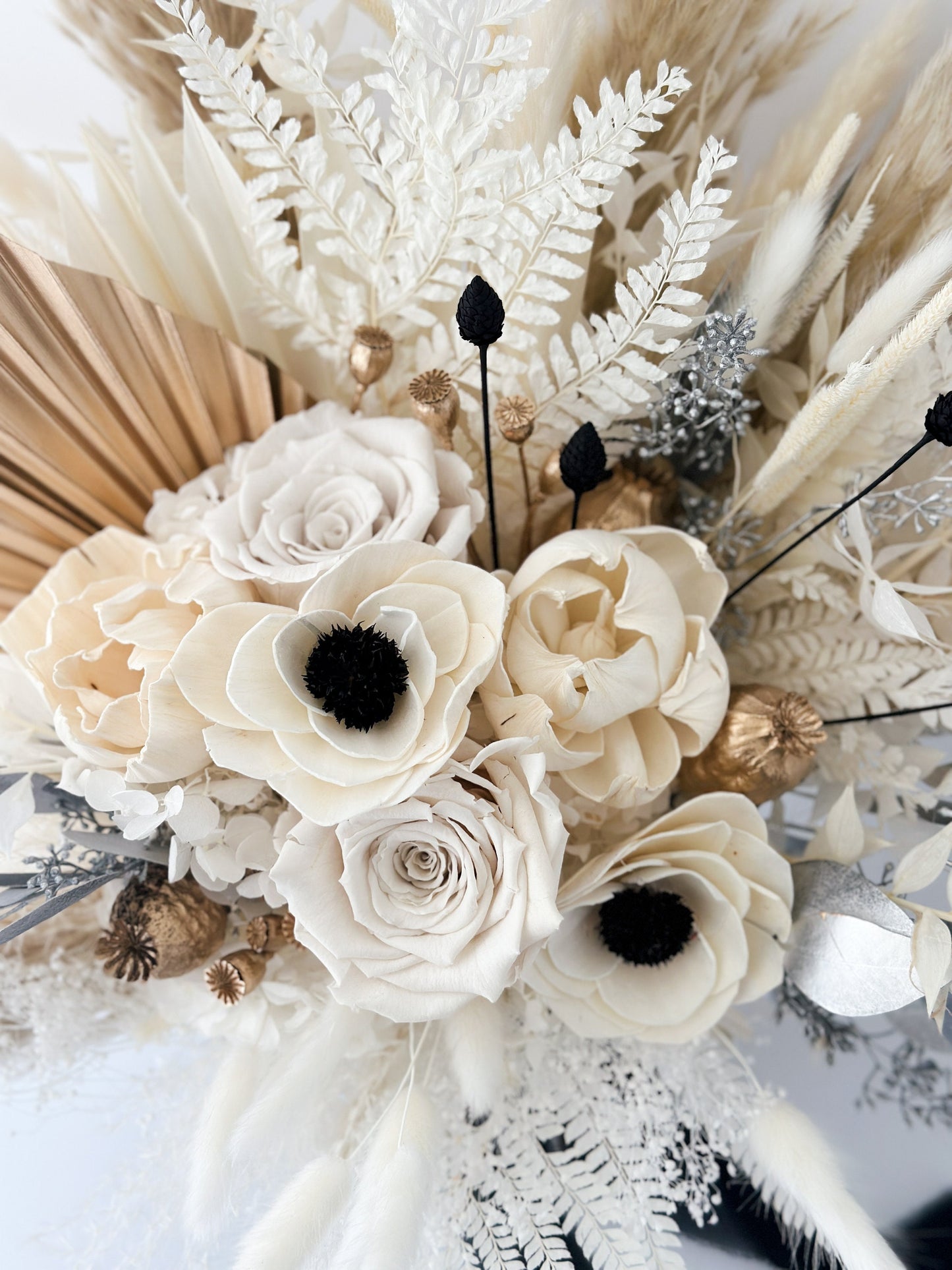 Black + White, Gold + Silver Anemone Dried Floral Bouquet/ Bride and Bridesmaids/ Dried Flower Bouquet/ Wedding Flowers