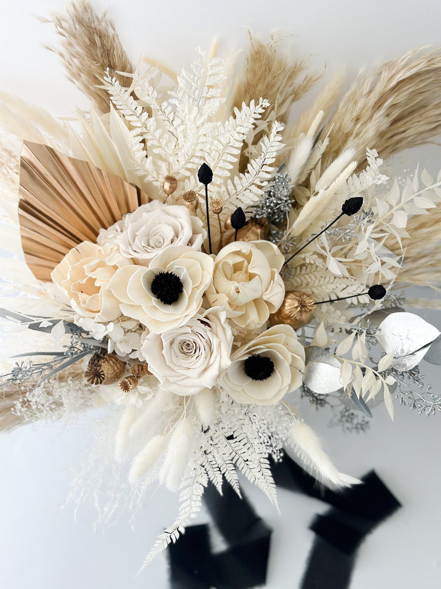 Black + White, Gold + Silver Anemone Dried Floral Bouquet/ Bride and Bridesmaids/ Dried Flower Bouquet/ Wedding Flowers