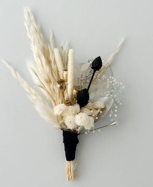 Black and White, Gold + Silver Dried Flower Boutonniere/ Wedding Flowers/ Groom and Groomsmen