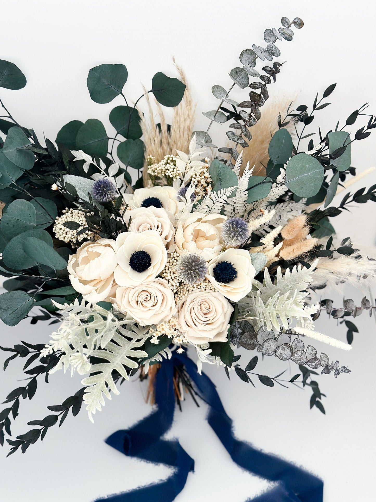 Navy + Dusty Blue Anemone and Peony Dried Floral Bouquet/ Bride and Bridesmaids/ Dried Flower Bouquet/ Wedding Flowers