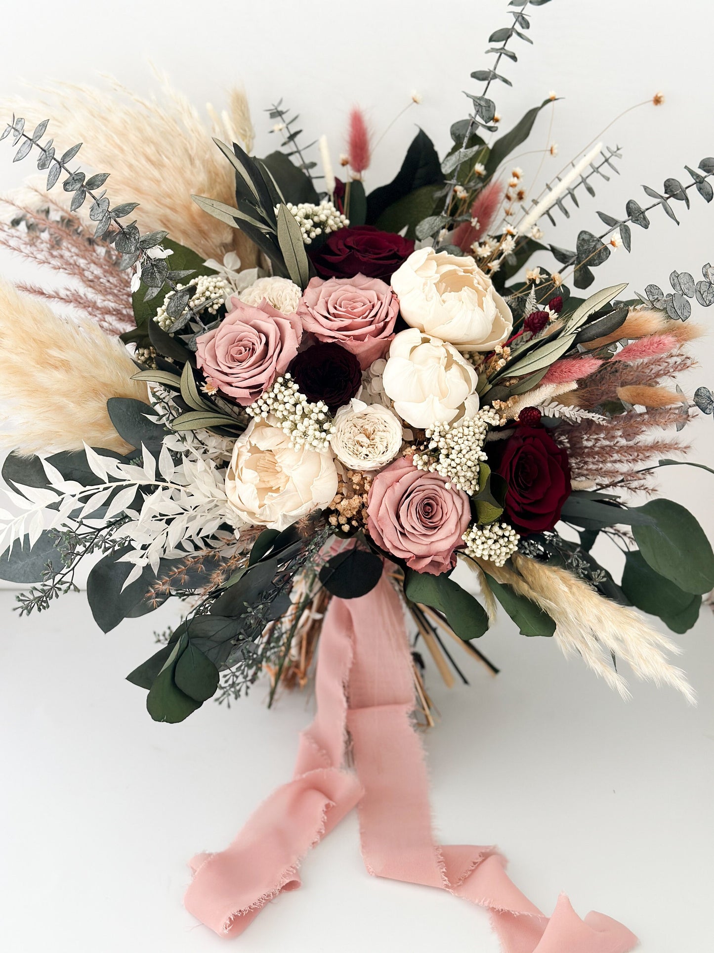 Dusty Rose, Burgundy + Peony Eucalyptus Pampas Grass Bouquet/ Bride and Bridesmaids/ Dried Flower Bouquet/ Wedding Flowers