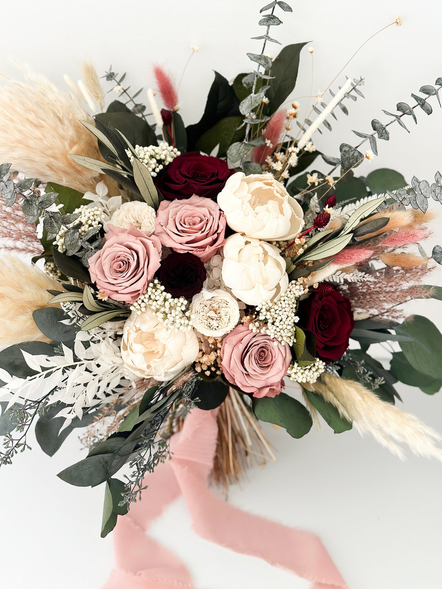 Dusty Rose, Burgundy + Peony Eucalyptus Pampas Grass Bouquet/ Bride and Bridesmaids/ Dried Flower Bouquet/ Wedding Flowers