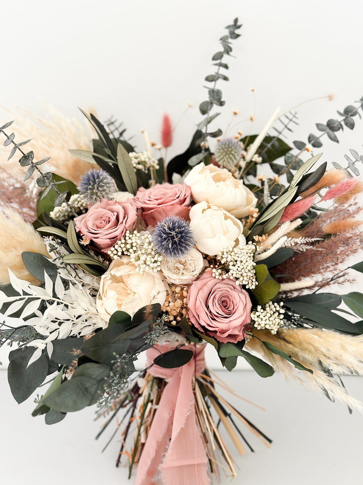 Dusty Rose, Dusty Blue + Peony Eucalyptus Pampas Grass Bouquet/ Bride and Bridesmaids/ Dried Flower Bouquet/ Wedding Flowers