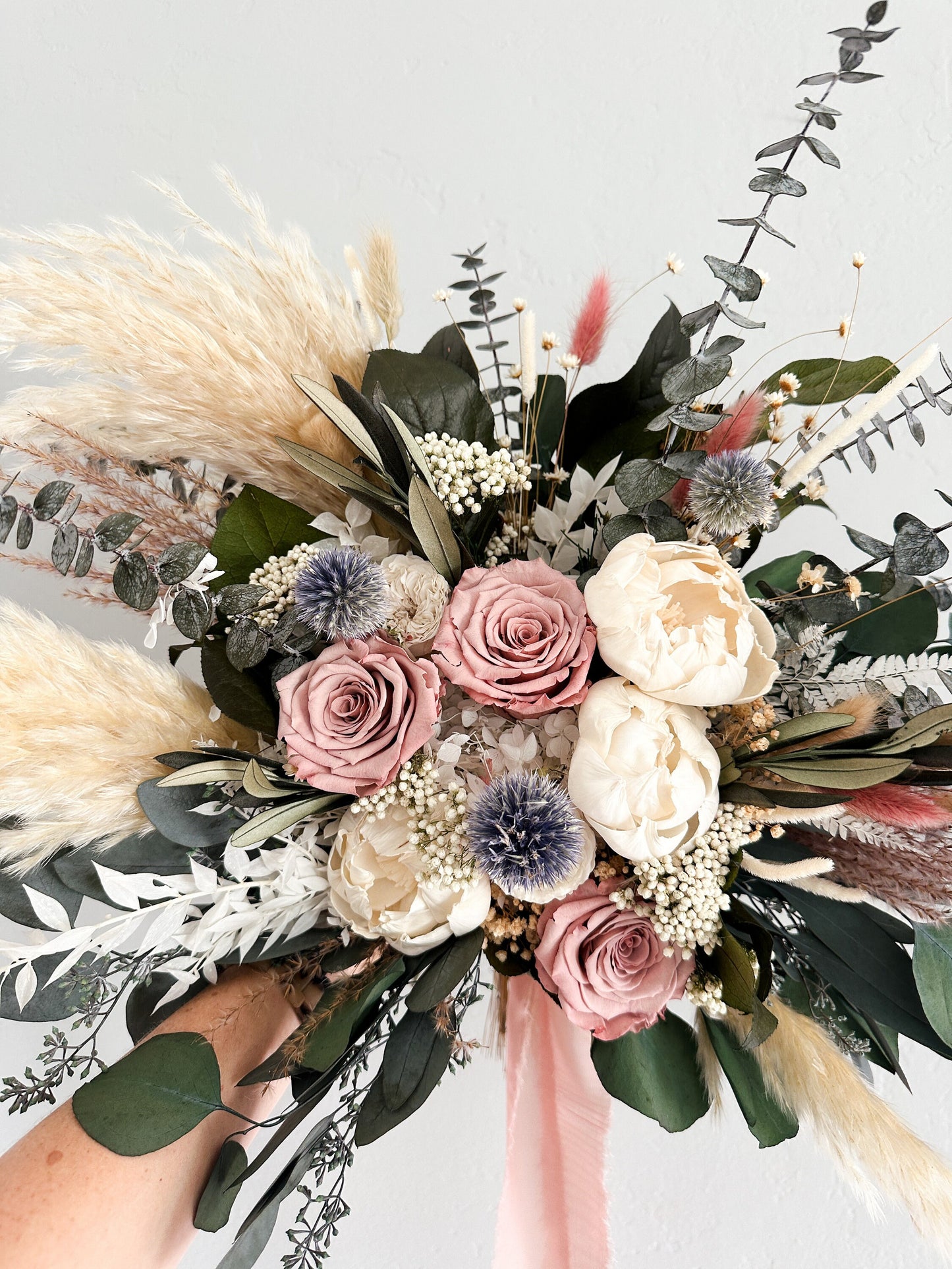 Dusty Rose, Dusty Blue + Peony Eucalyptus Pampas Grass Bouquet/ Bride and Bridesmaids/ Dried Flower Bouquet/ Wedding Flowers