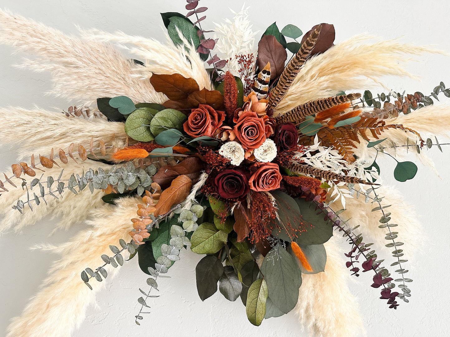 Terracotta, Rust, and Burgundy Pheasant Feather Arch or Wall Decor, Dried Flowers, Arbor