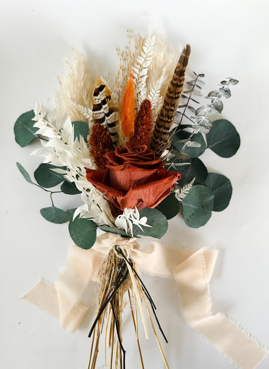 Mini Rust Rose, Pheasant Feather,  Eucalyptus + Pampas Grass Bouquet, Wedding Flowers, Home decor, Dried Flowers, Bridesmaids