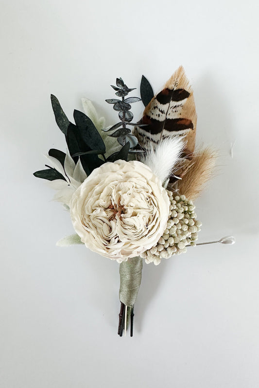Garden Rose, Greenery, + Pheasant Feather Boutonniere/ Wedding Flowers/ Groom and Groomsmen/ Dried Flowers