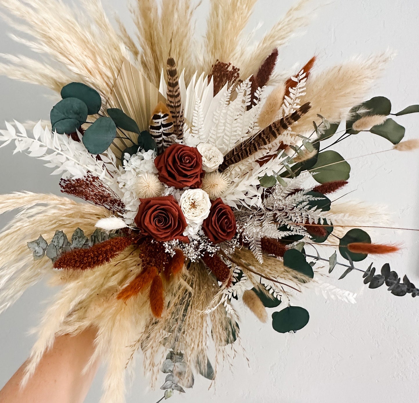 Rust, Greenery, Pheasant Feather Pampas Grass Bouquet/ Bride and Bridesmaids/ Dried Flower Bouquet/ Wedding Flowers