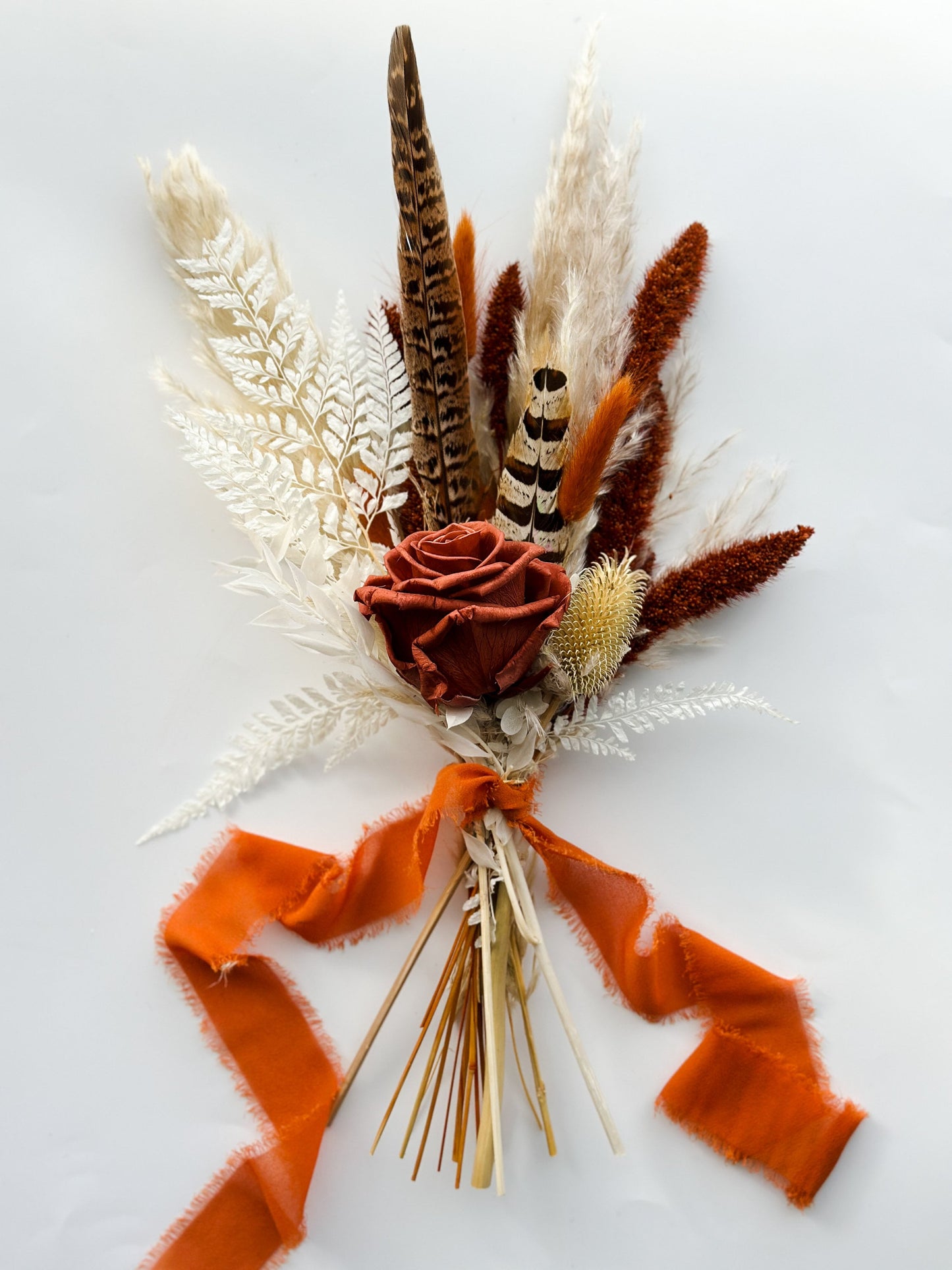 Mini Rust Rose, Pheasant Feather,  + Pampas Grass Bouquet, Wedding Flowers, Home decor, Dried Flowers