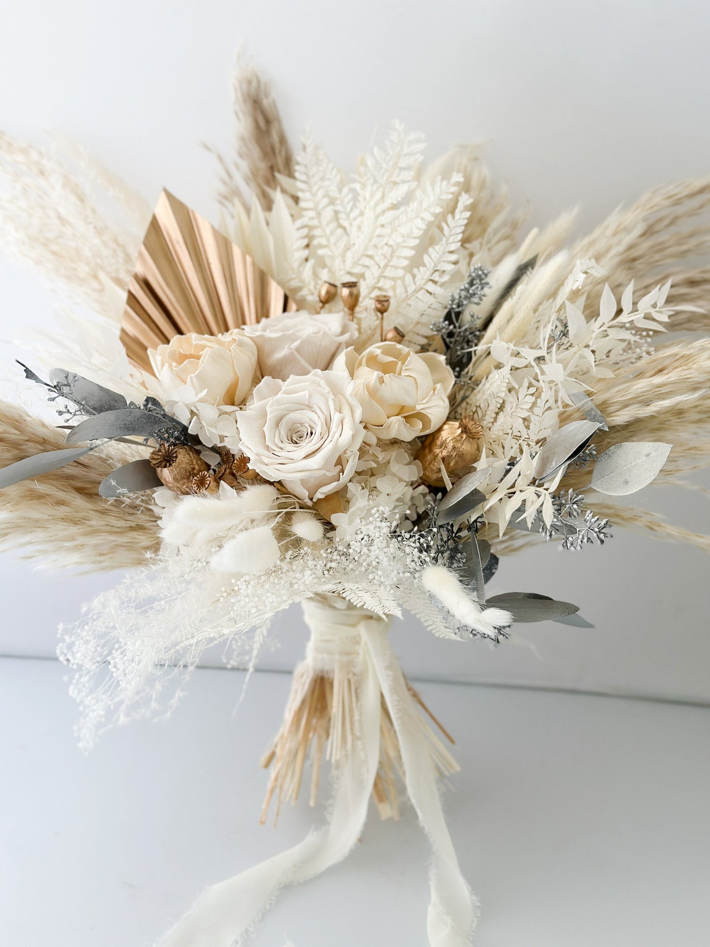 Holiday White, Gold + Silver Dried Floral Bouquet/ Bride and Bridesmaids/ Dried Flower Bouquet/ Wedding Flowers