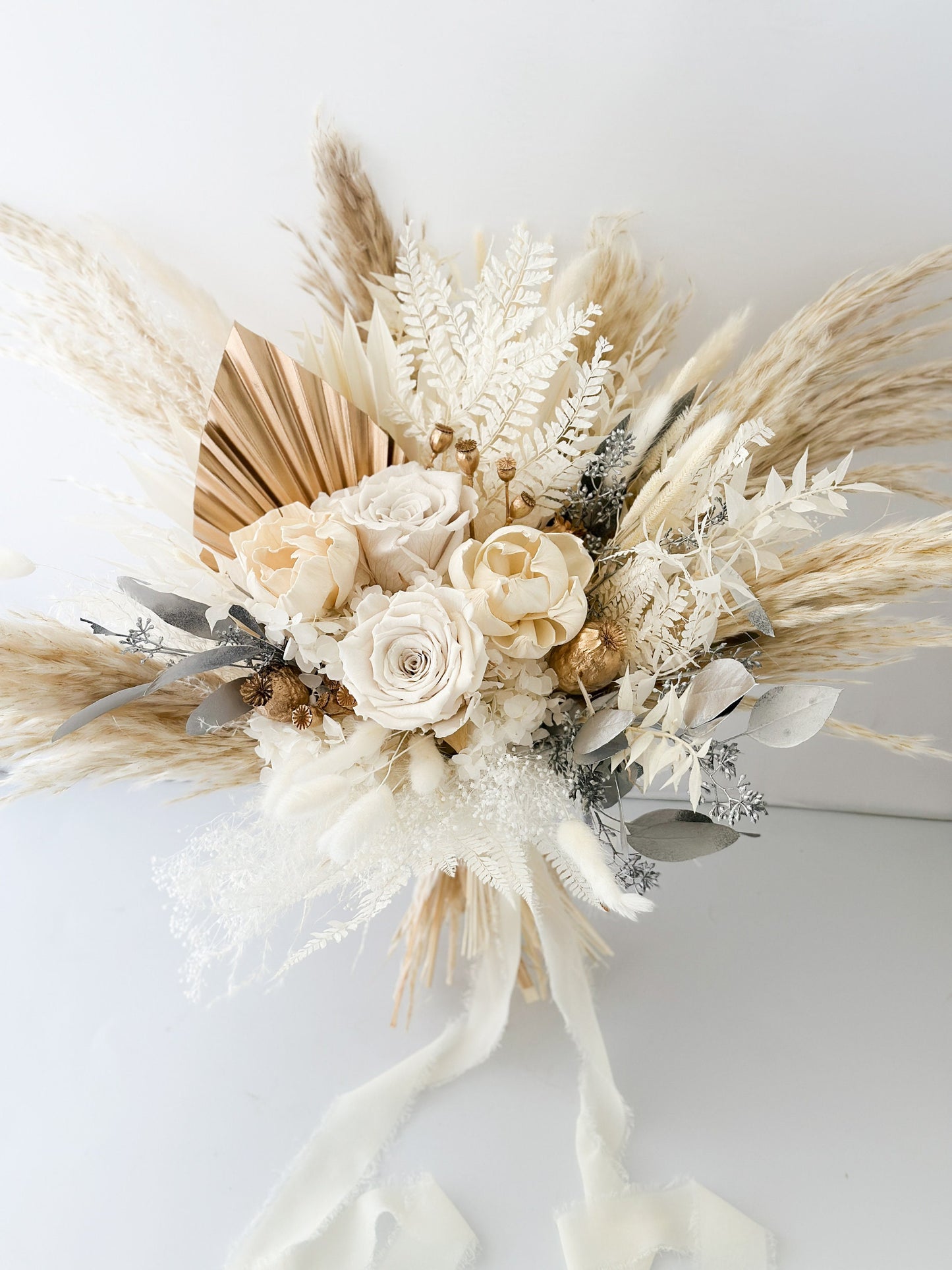 Holiday White, Gold + Silver Dried Floral Bouquet/ Bride and Bridesmaids/ Dried Flower Bouquet/ Wedding Flowers