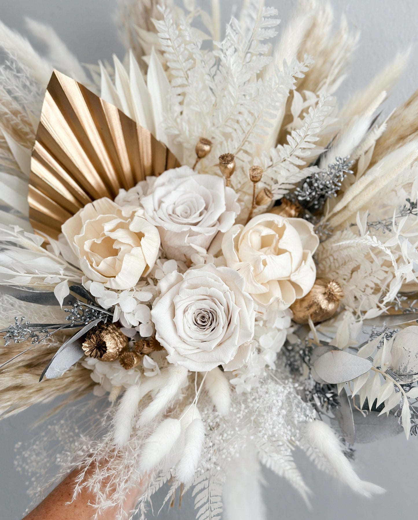 Holiday White, Gold + Silver Dried Floral Bouquet/ Bride and Bridesmaids/ Dried Flower Bouquet/ Wedding Flowers