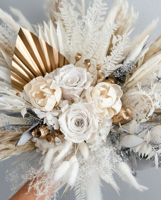 Holiday White, Gold + Silver Dried Floral Bouquet/ Bride and Bridesmaids/ Dried Flower Bouquet/ Wedding Flowers