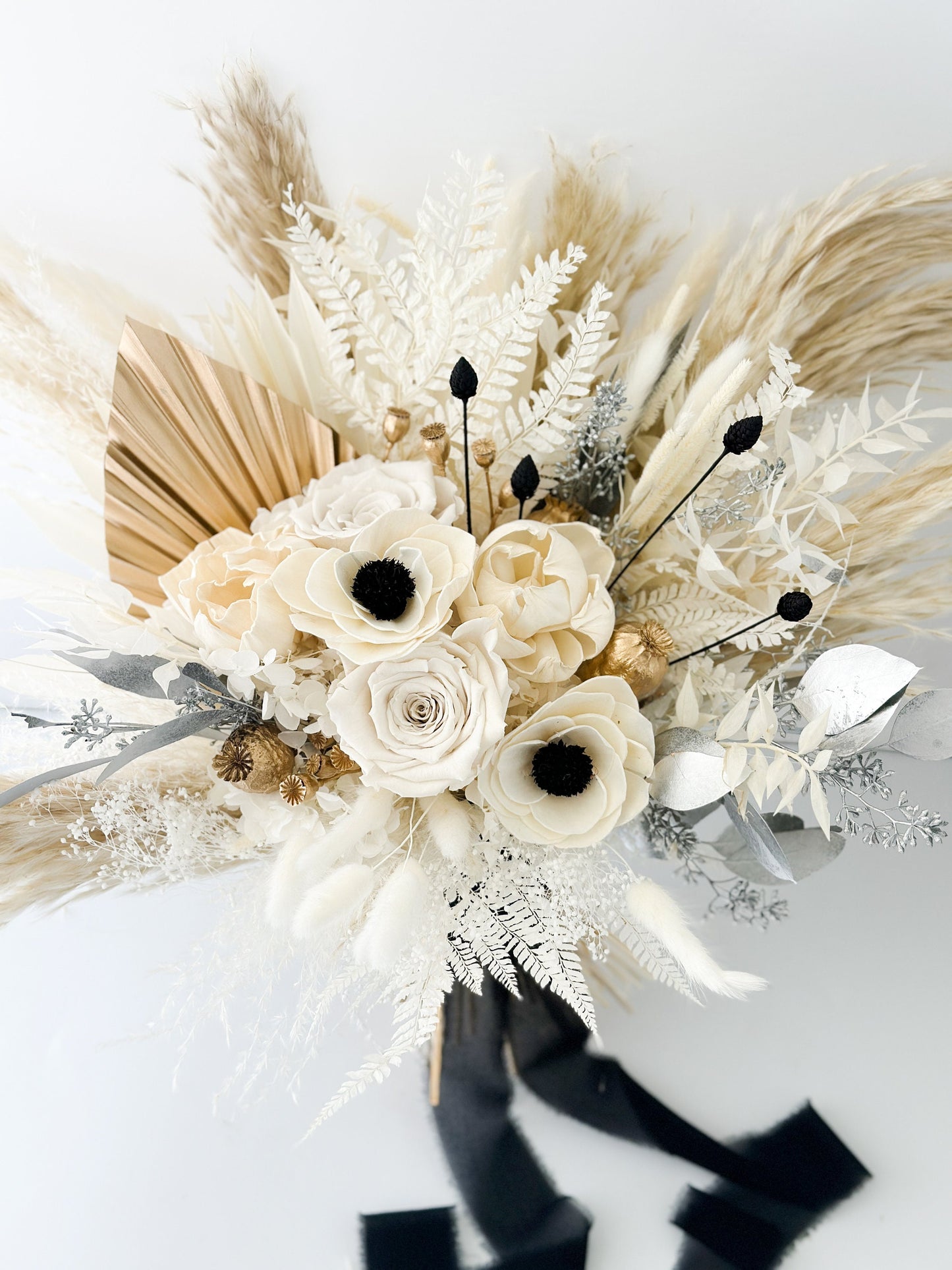 Black + White, Gold + Silver Anemone Dried Floral Bouquet/ Bride and Bridesmaids/ Dried Flower Bouquet/ Wedding Flowers