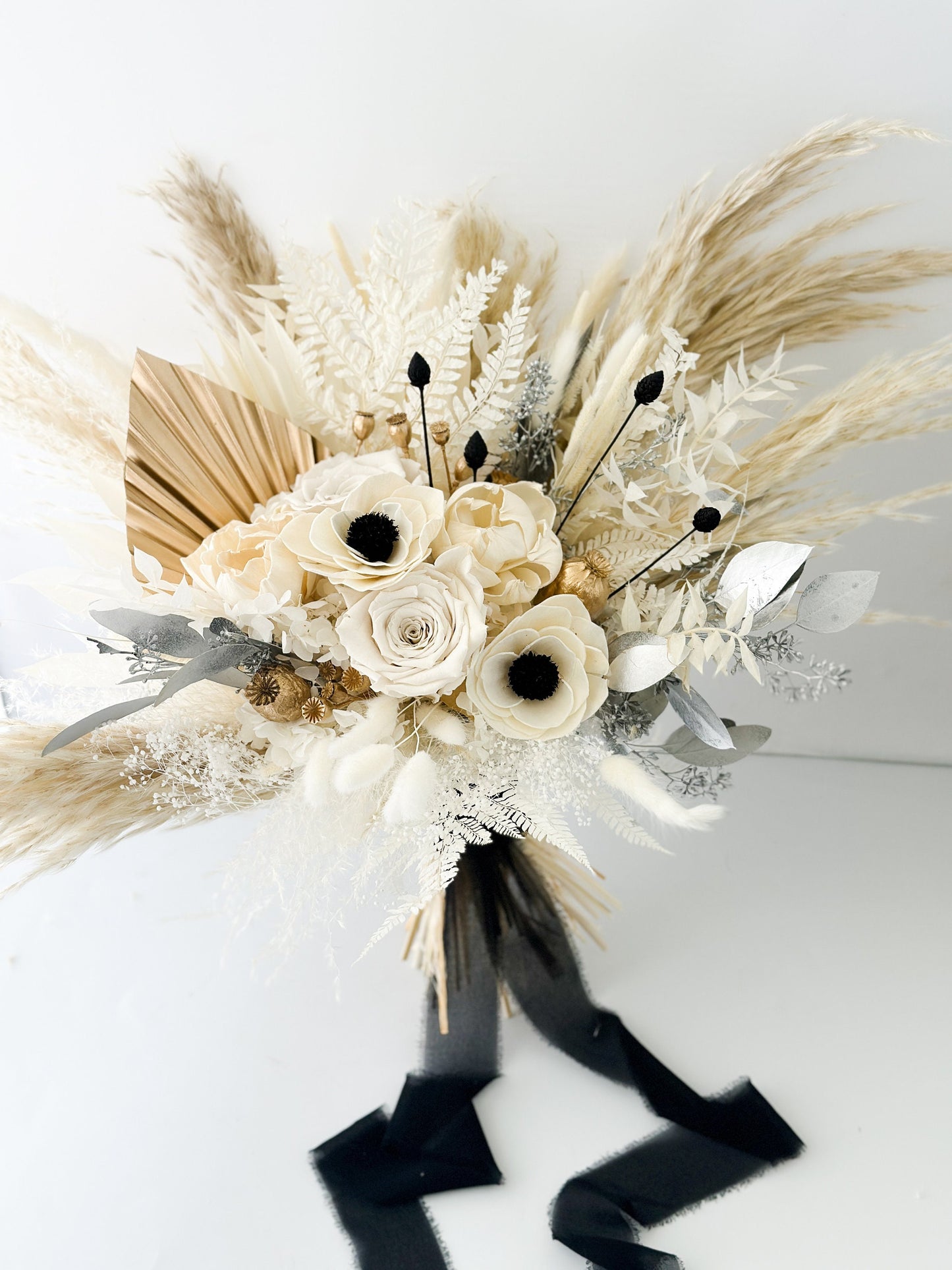 Black + White, Gold + Silver Anemone Dried Floral Bouquet/ Bride and Bridesmaids/ Dried Flower Bouquet/ Wedding Flowers
