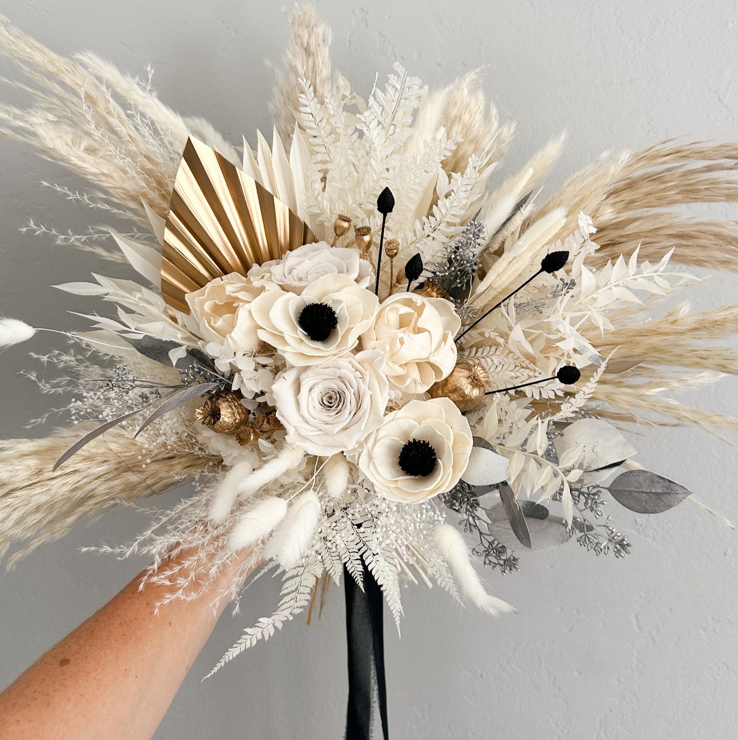 Black + White, Gold + Silver Anemone Dried Floral Bouquet/ Bride and Bridesmaids/ Dried Flower Bouquet/ Wedding Flowers