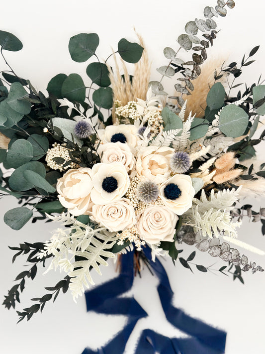 Navy + Dusty Blue Anemone and Peony Dried Floral Bouquet/ Bride and Bridesmaids/ Dried Flower Bouquet/ Wedding Flowers