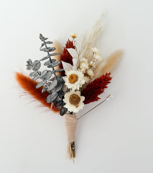 Rust + Eucalyptus Wildflower Boutonniere/ Wedding Flowers/ Groom and Groomsmen/ Dried Flowers