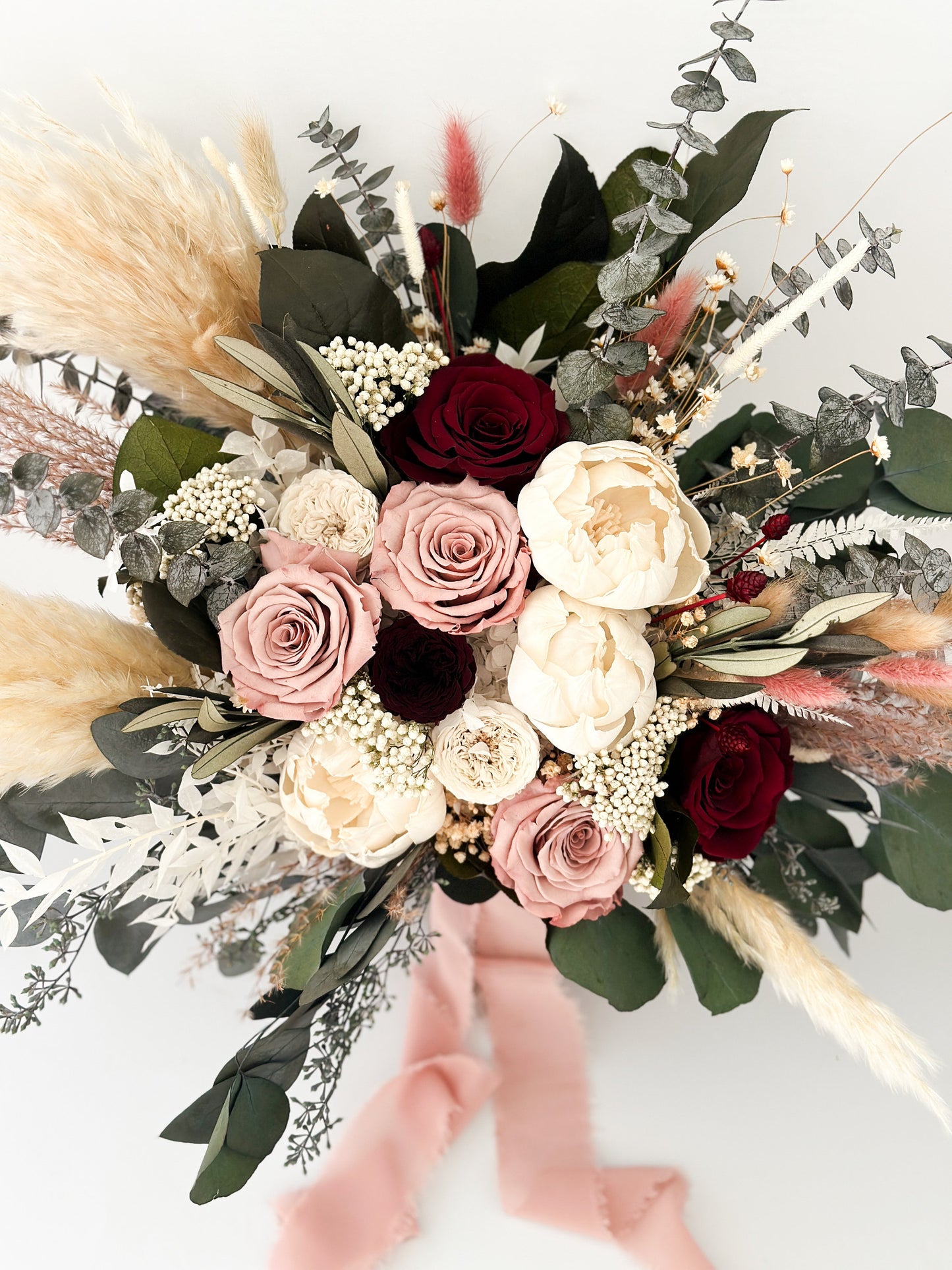 Dusty Rose, Burgundy + Peony Eucalyptus Pampas Grass Bouquet/ Bride and Bridesmaids/ Dried Flower Bouquet/ Wedding Flowers