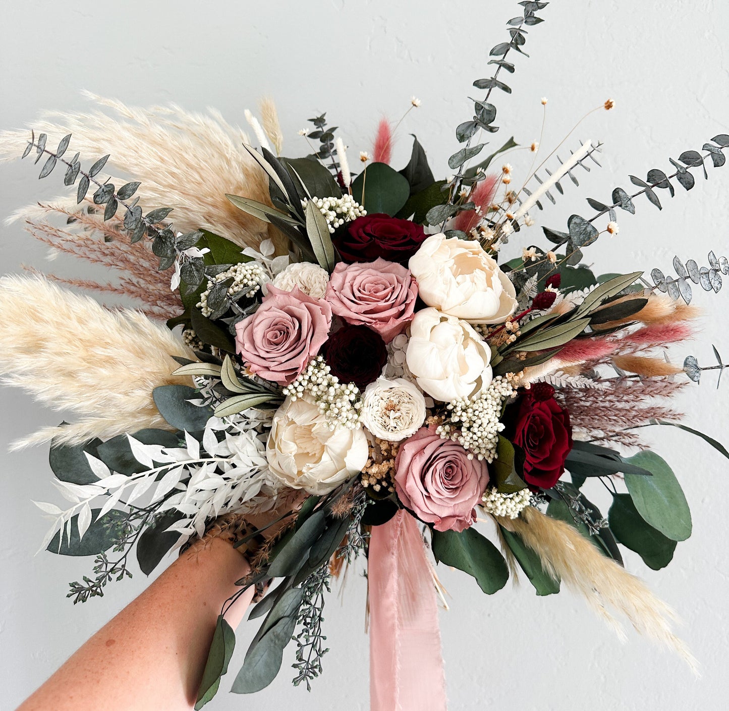 Dusty Rose, Burgundy + Peony Eucalyptus Pampas Grass Bouquet/ Bride and Bridesmaids/ Dried Flower Bouquet/ Wedding Flowers