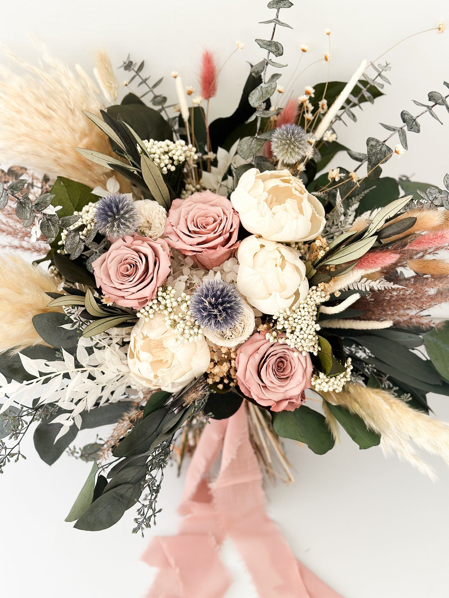 Dusty Rose, Dusty Blue + Peony Eucalyptus Pampas Grass Bouquet/ Bride and Bridesmaids/ Dried Flower Bouquet/ Wedding Flowers