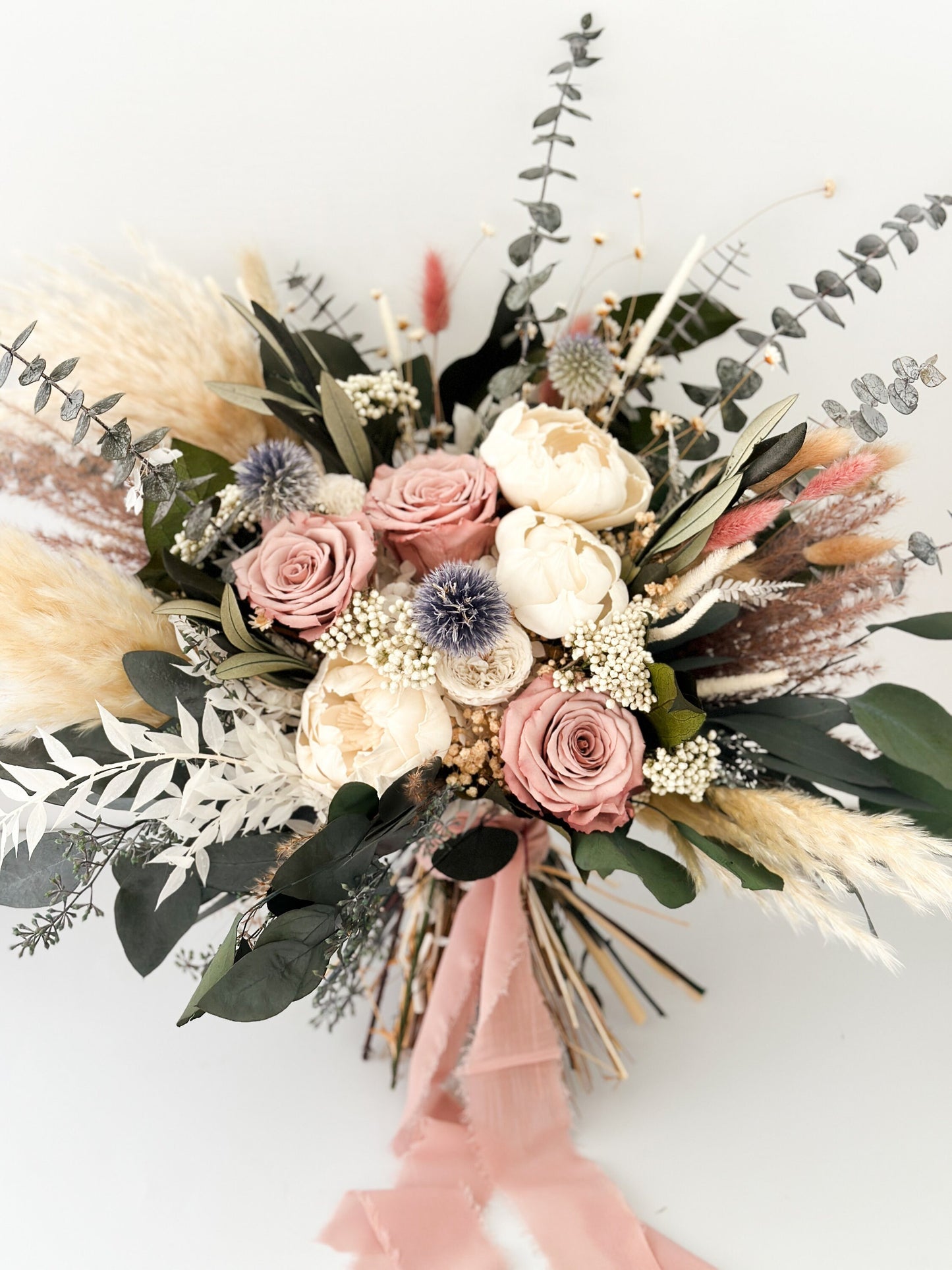 Dusty Rose, Dusty Blue + Peony Eucalyptus Pampas Grass Bouquet/ Bride and Bridesmaids/ Dried Flower Bouquet/ Wedding Flowers