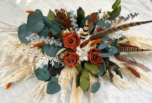 Rust + Eucalyptus Pheasant Feather Sweetheart Table Centerpiece