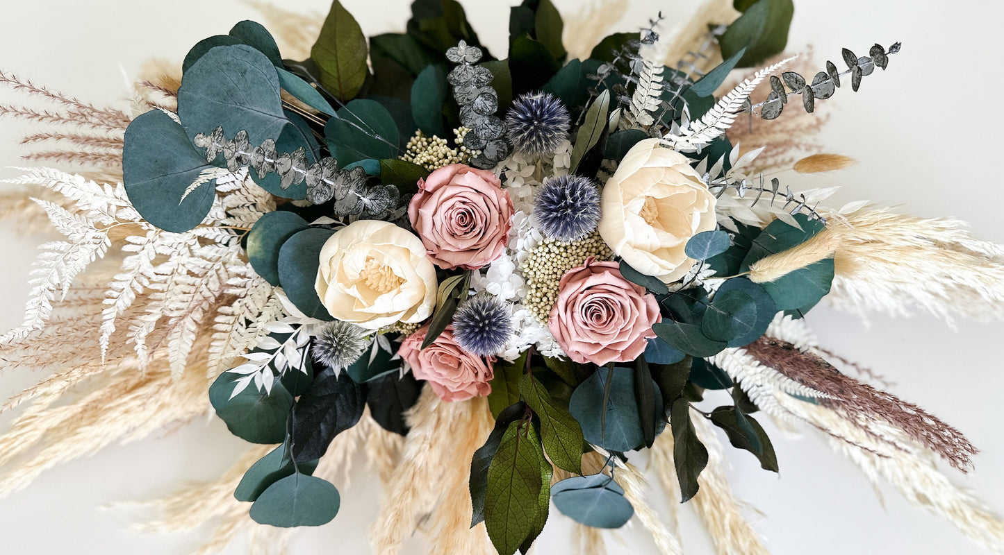Dusty Rose, Dusty Blue + Eucalyptus Sweetheart Table Centerpiece