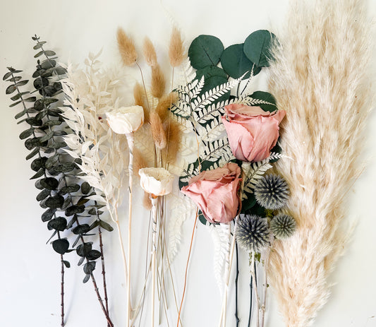 Dusty Rose, Dusty Blue + Eucalyptus Cake Flowers, Flat Lay Flowers, DIY/ Wedding flowers/ Dried Flowers