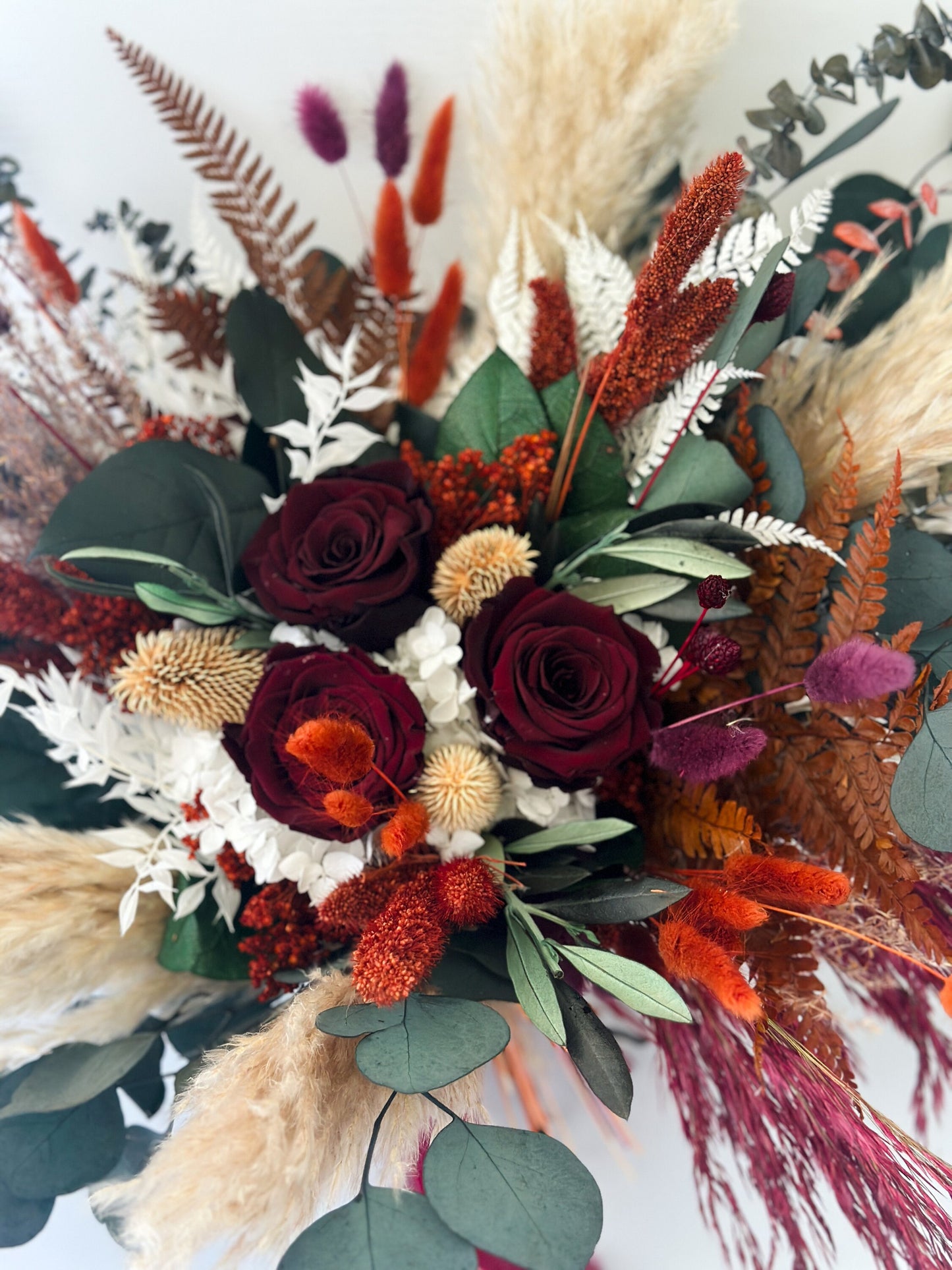 Burgundy, Terracotta + Eucalyptus Dried Flower Bouquet/ Bride and Bridesmaids/ Dried Flower Bouquet/ Wedding Flowers