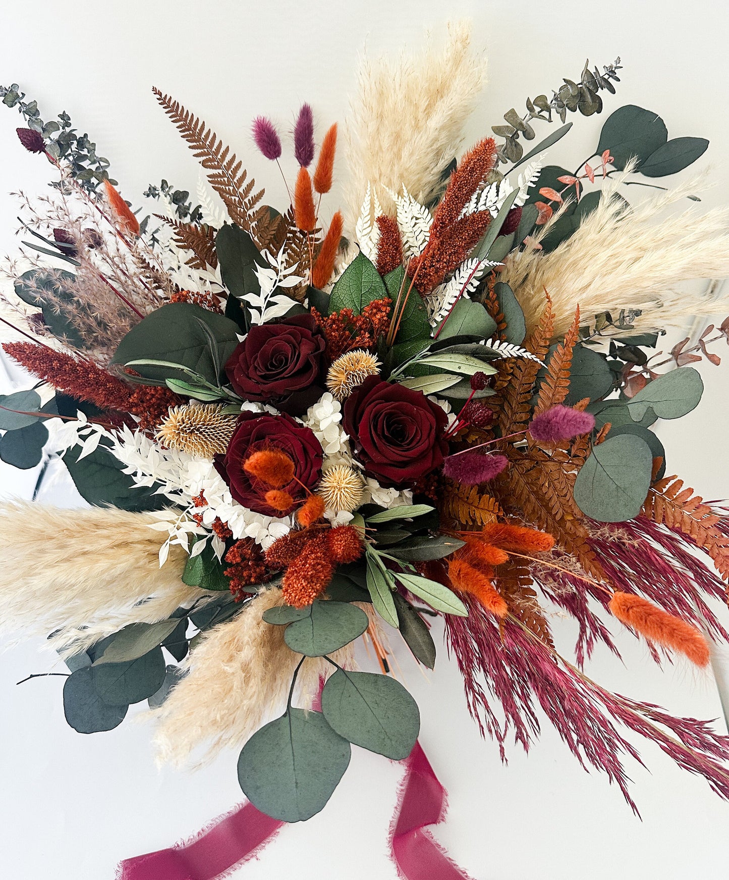 Burgundy, Terracotta + Eucalyptus Dried Flower Bouquet/ Bride and Bridesmaids/ Dried Flower Bouquet/ Wedding Flowers