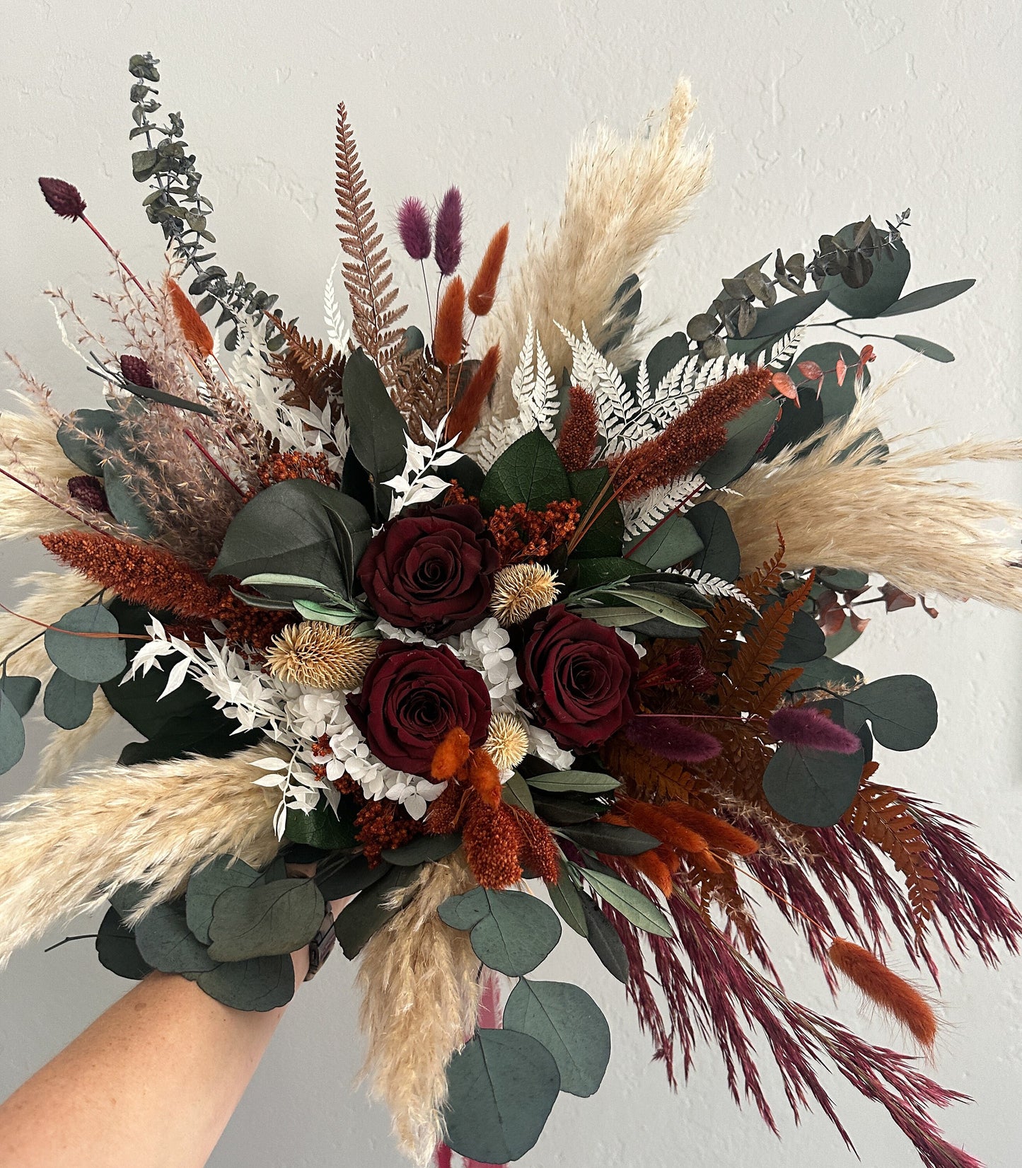 Burgundy, Terracotta + Eucalyptus Dried Flower Bouquet/ Bride and Bridesmaids/ Dried Flower Bouquet/ Wedding Flowers