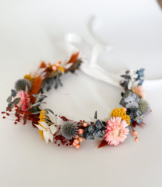 Colorful Strawflower + Eucalyptus Flower Crown/ Wedding Hair/ Bride and Bridesmaids/ Flower Girl/ Photoshoot