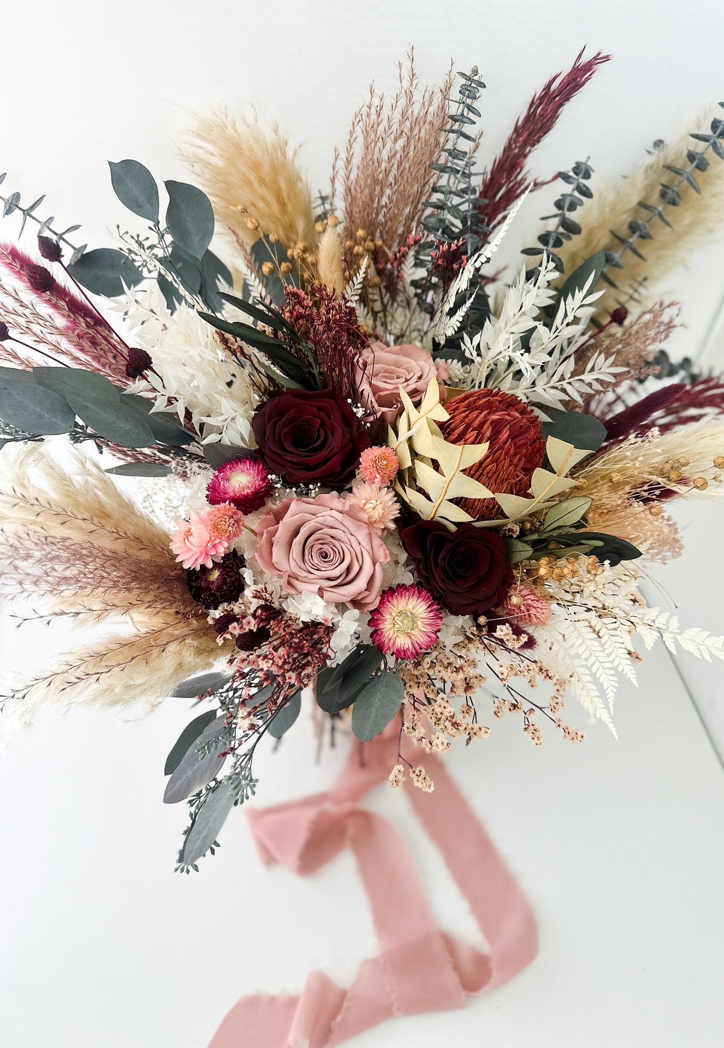 Dusty Rose, Burgundy + Greenery Pampas Grass Bouquet/ Bride and Bridesmaids/ Dried Flower Bouquet/ Wedding Flowers