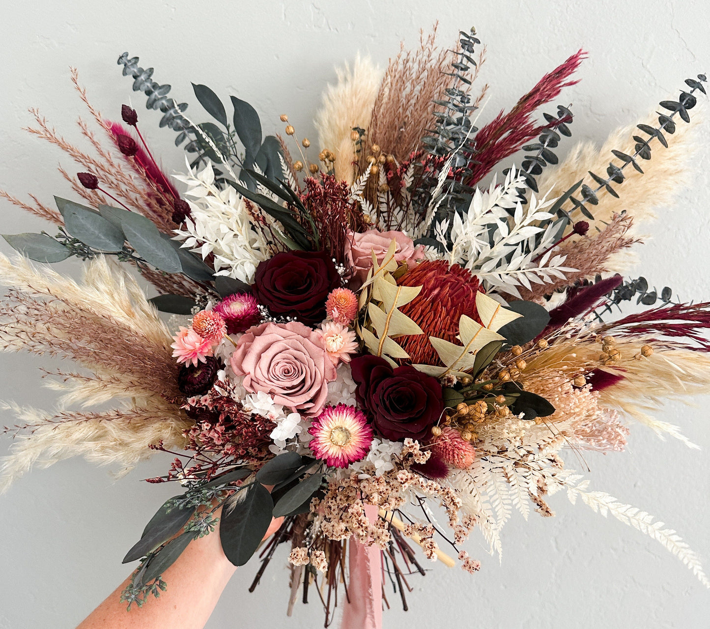 Dusty Rose, Burgundy + Greenery Pampas Grass Bouquet/ Bride and Bridesmaids/ Dried Flower Bouquet/ Wedding Flowers